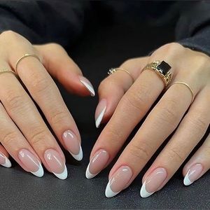24Pcs French Tip Press on Nails Oval White Almond Tip Design Acrylic Stick
